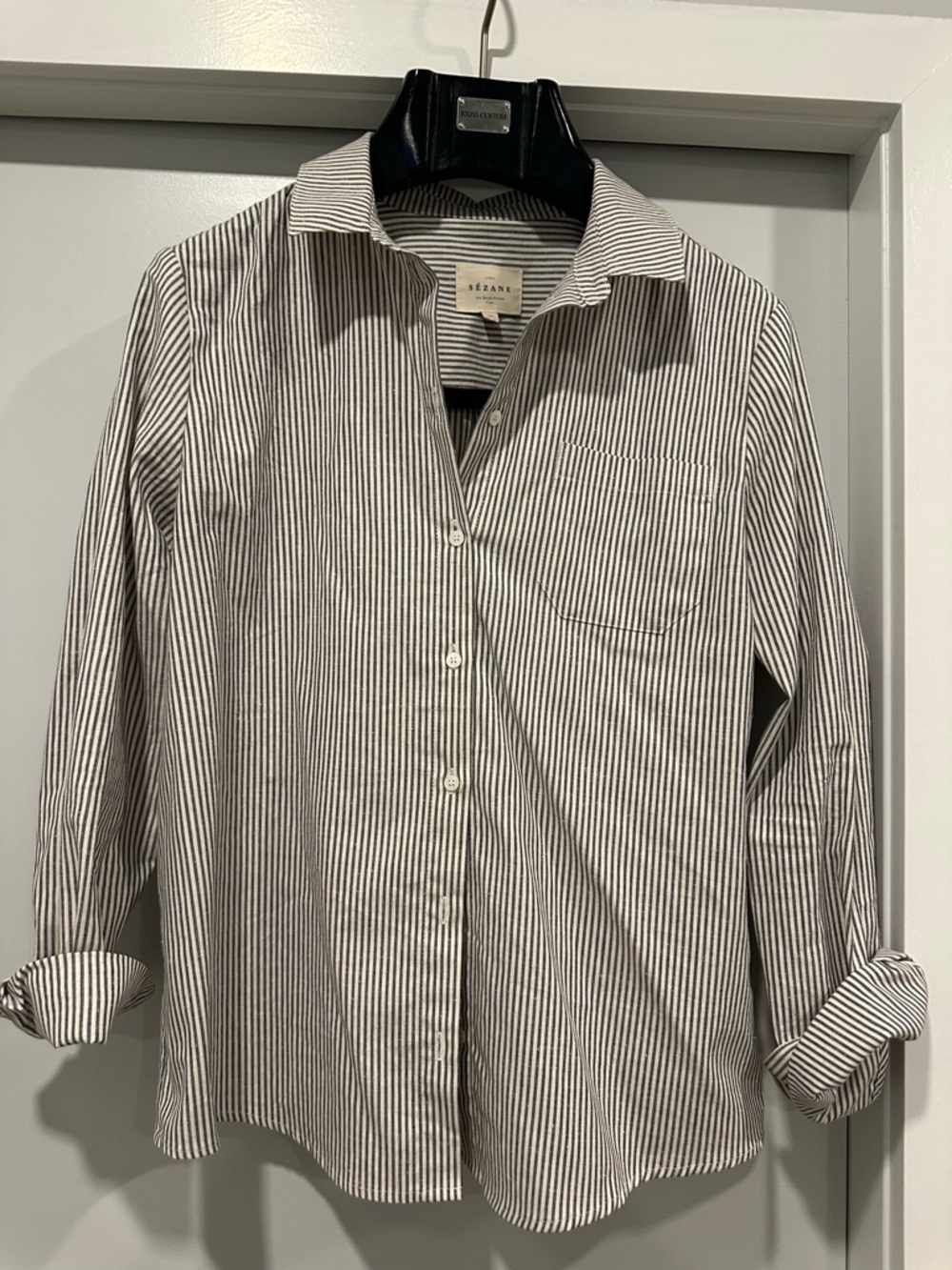 Sezane White and Blue Narrow Stripe Button-Down Shirt